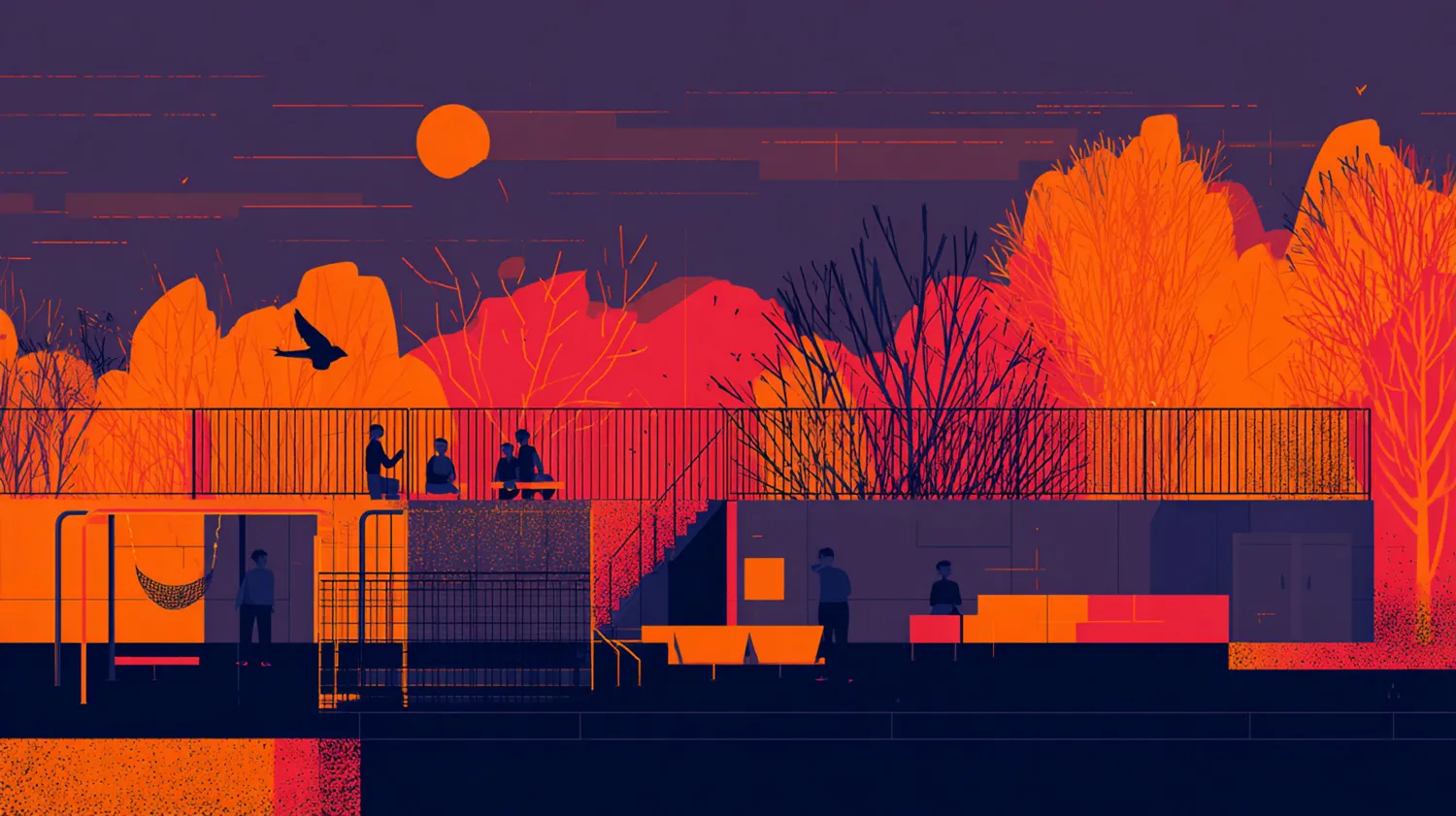 Children playing on school playground at sunset