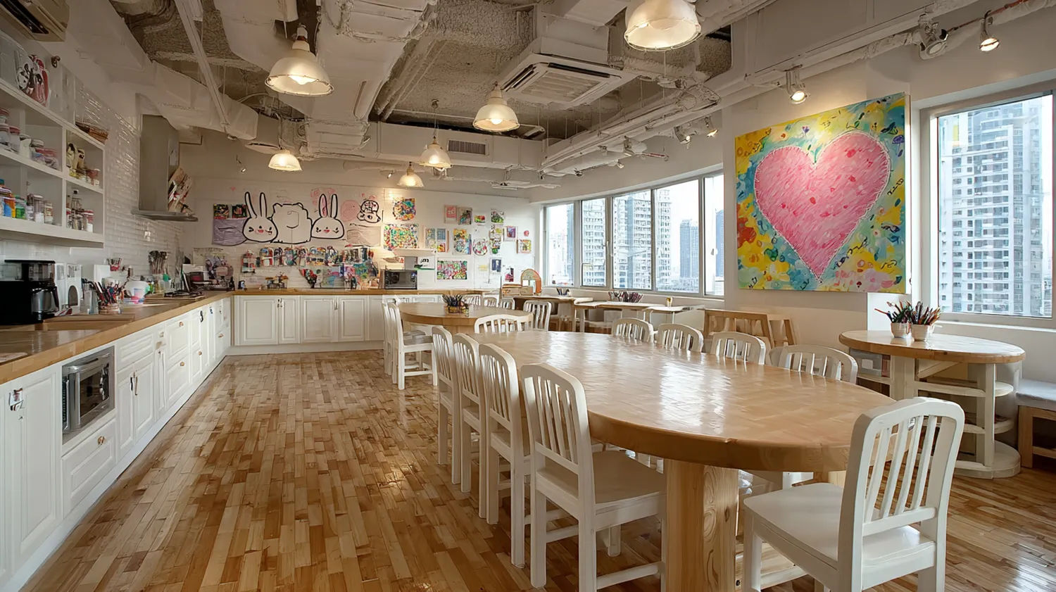 Creative studio workspace with industrial tables