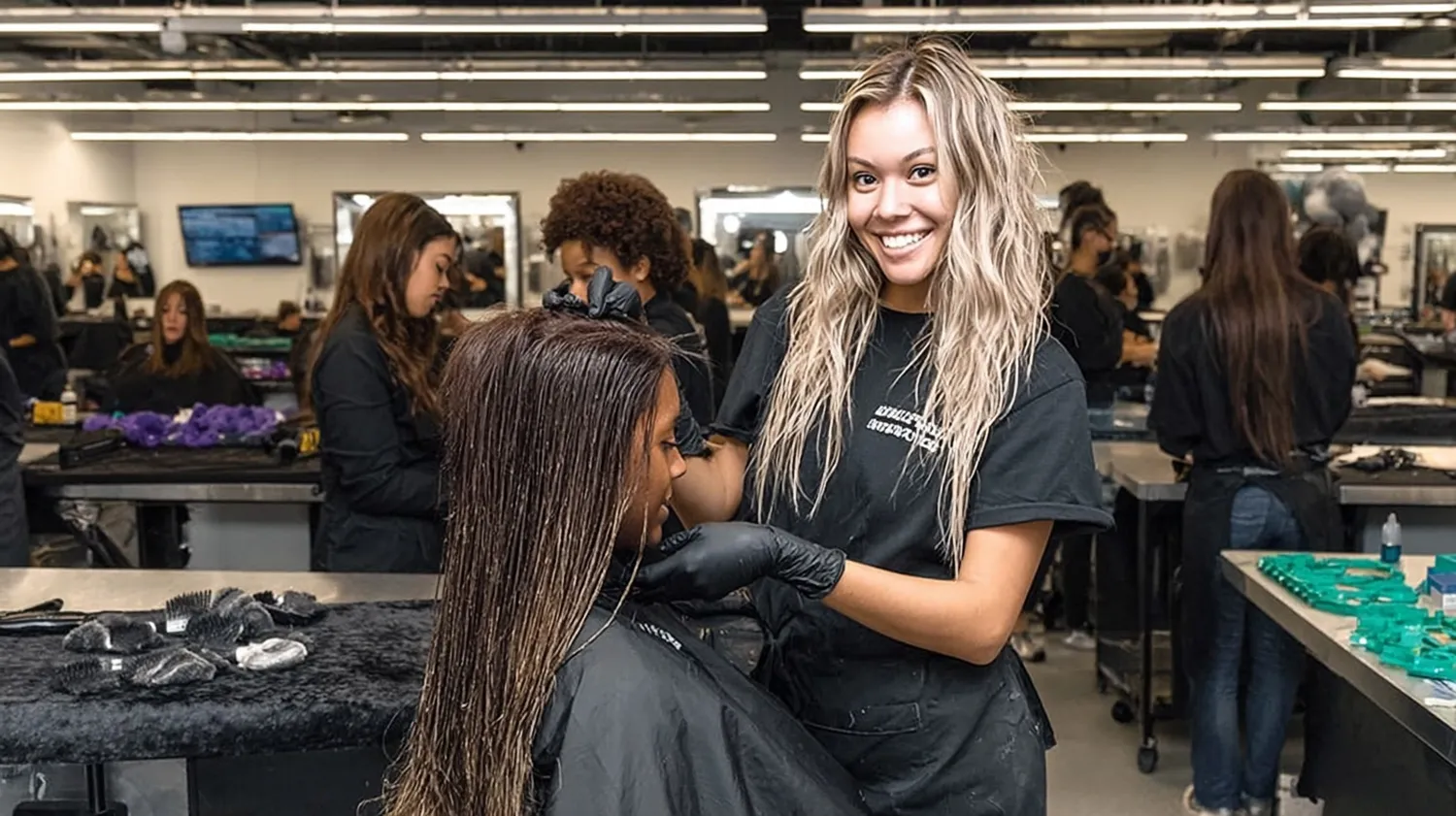 Cosmetology student practicing hairstyling techniques in a salon training environment