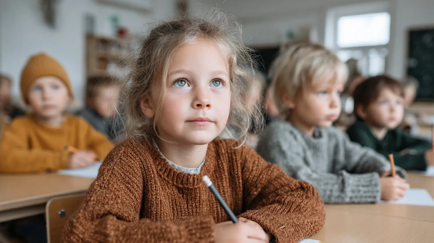 Elementary school students learning to read in a classroom