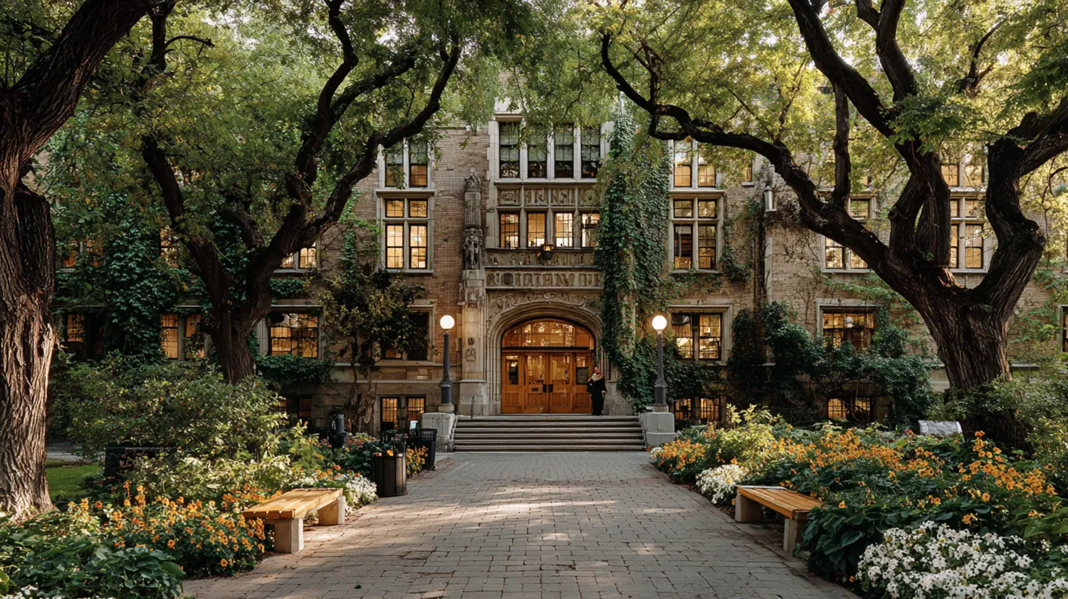 Ivy-covered entrance to a school building